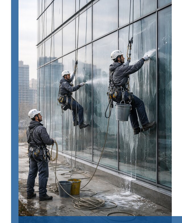 Промышленная мойка панорамных окон на высоте в Туле