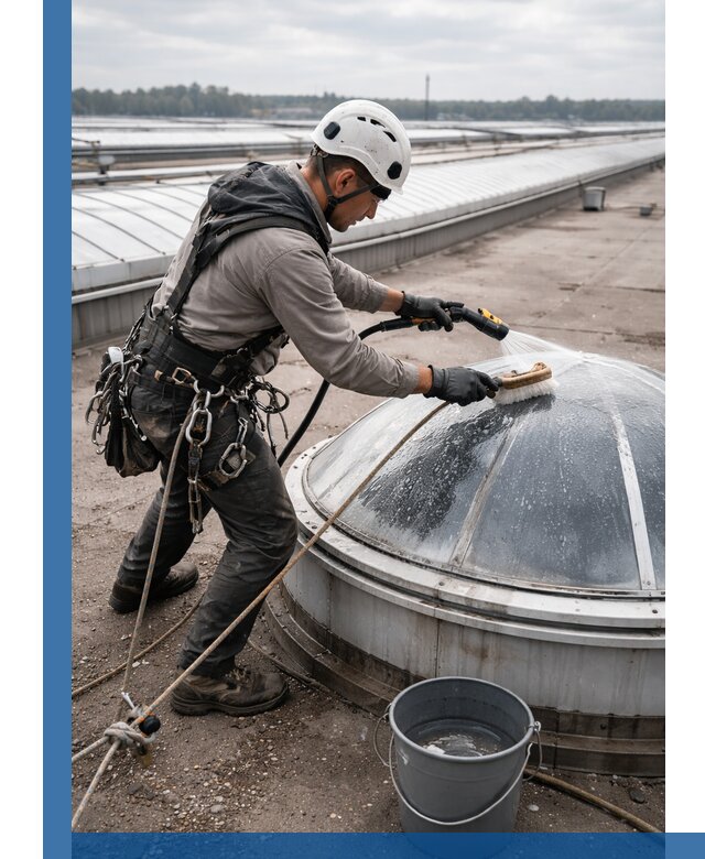 Мойка зенитных фонарей на кровле для промышленных объектов в Туле