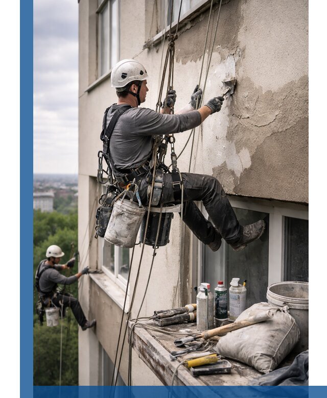 Косметический ремонт фасада зданий в Туле промышленными альпинистами