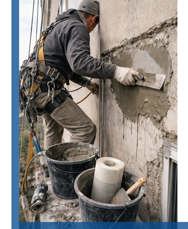 Ремонт бетонных элементов фасада промышленными альпинистами в Туле