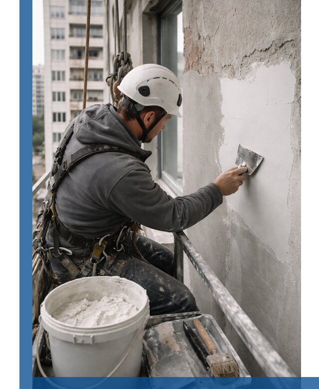 Шпаклевка фасадов на высоте с промальпинистами в Туле