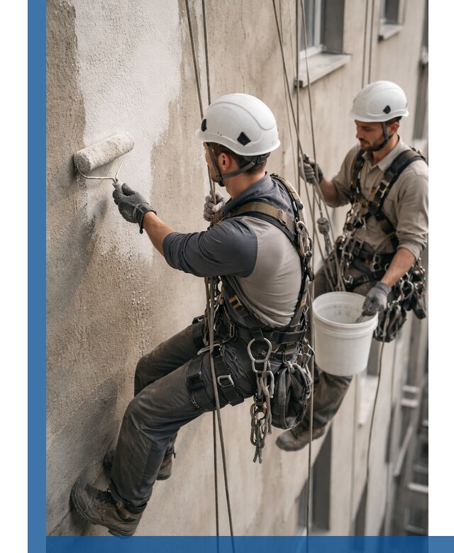 Грунтовка фасада на высоте в Туле промышленными альпинистами