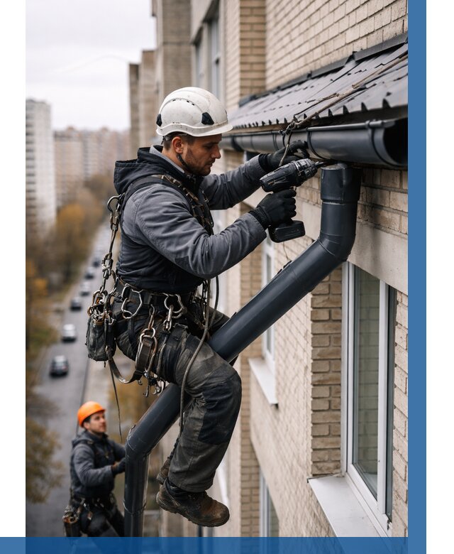 Монтаж водосточной системы на здании в Туле от 5085 р. | ВЫСОТНИК-Тул