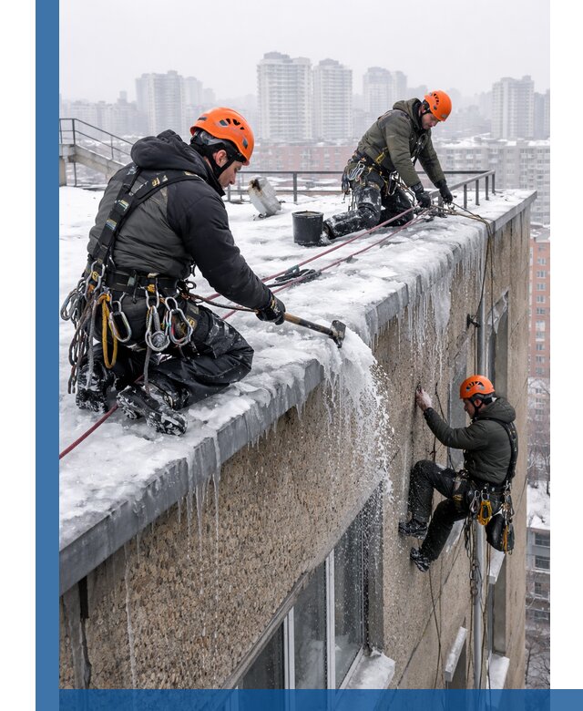 Удаление наледи с кровли в Туле промышленными альпинистами