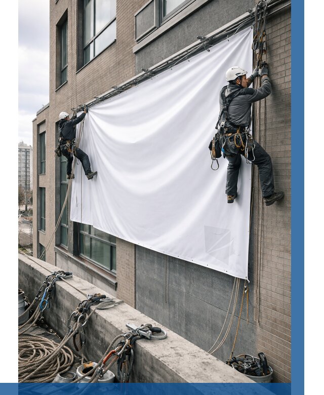 Монтаж баннеров на фасаде в Туле от 661 р. заказать ВЫСОТНИК-Тул