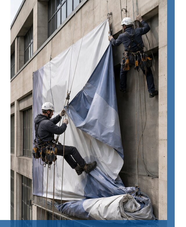 Демонтаж баннеров с фасада в Туле от 4576 р. | ВЫСОТНИК-Тул