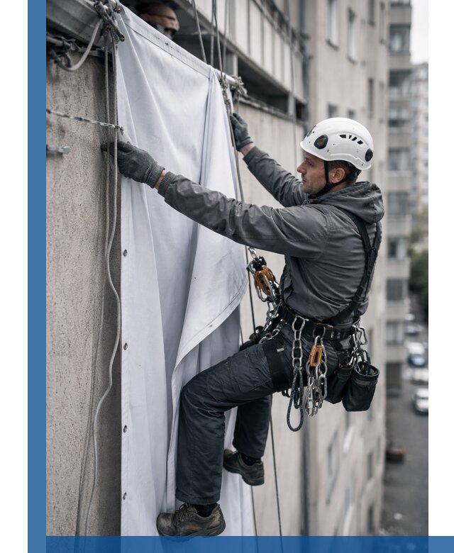 Замена баннерного полотна промышленными альпинистами в Туле