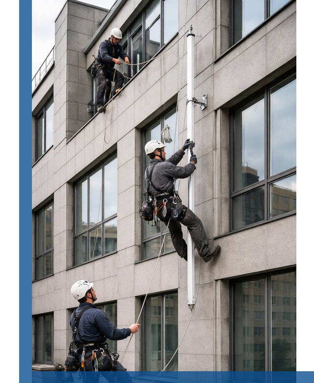 Монтаж флагштока на фасаде здания с креплением и герметикой в Туле