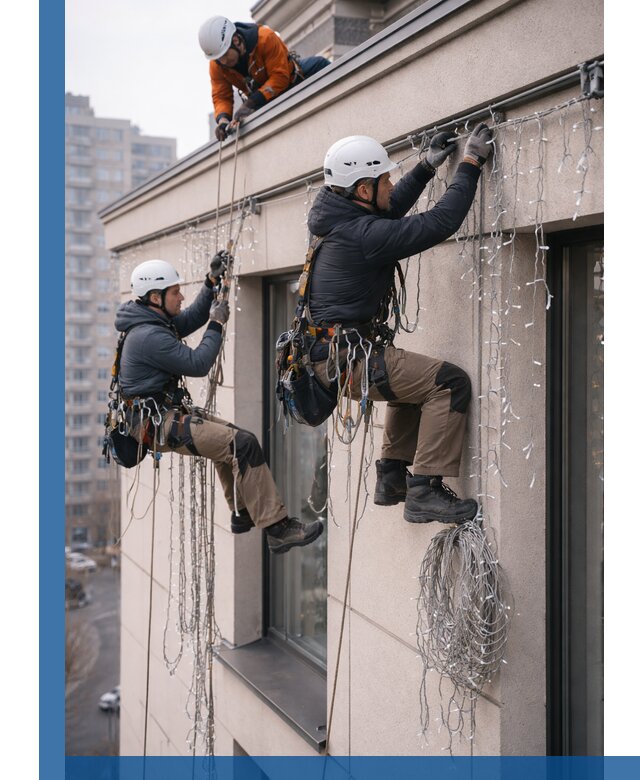 Монтаж праздничных гирлянд на фасаде в Туле для зданий