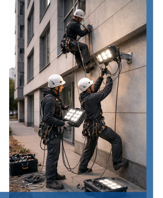 Монтаж прожекторов на фасаде в Туле от 7627 р. | ВЫСОТНИК-Тул