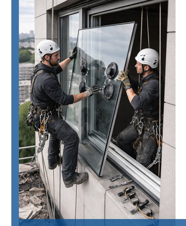 Замена стеклопакетов на высоте с промышленными альпинистами в Туле