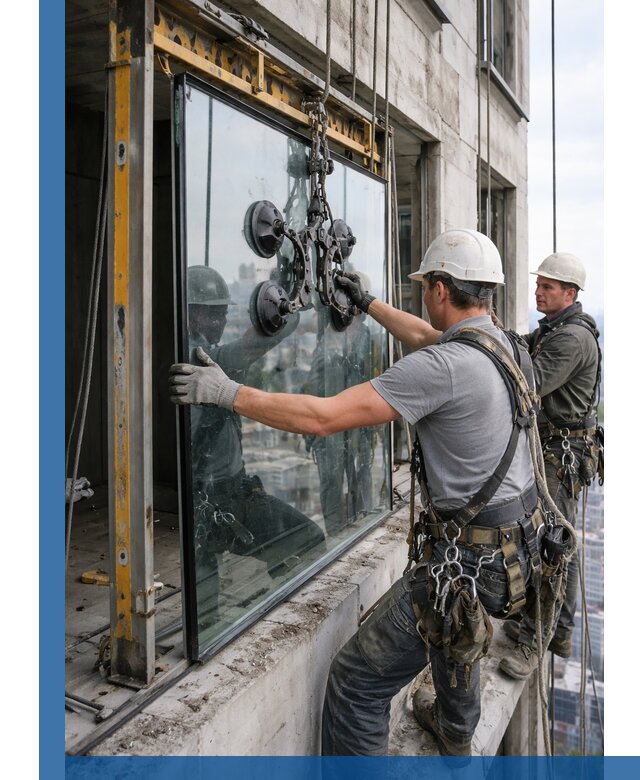 Монтаж стеклопакетов на высоте в Туле с промышленным альпинизмом