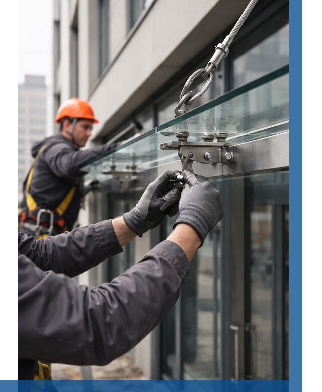 Монтаж стеклянных козырьков в Туле от 8644 р. | ВЫСОТНИК-Тул