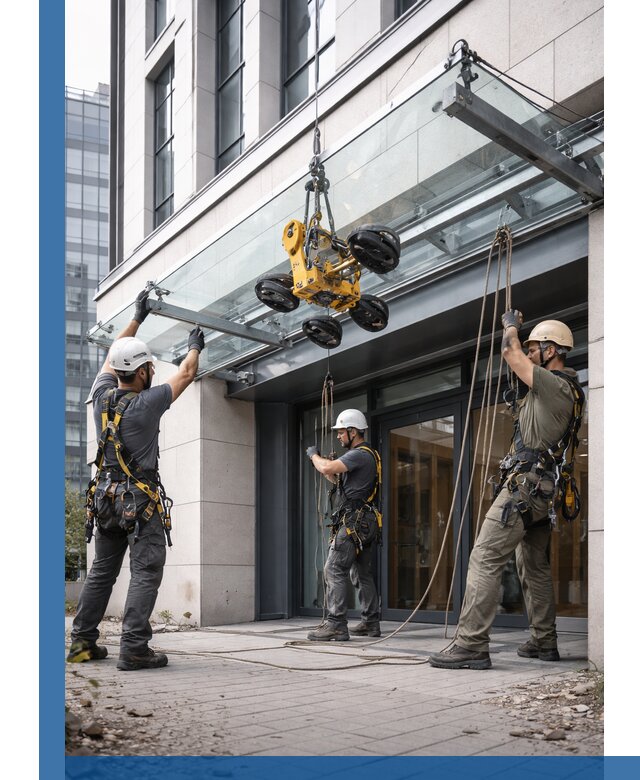 Монтаж стеклянных козырьков под ключ в Туле для зданий