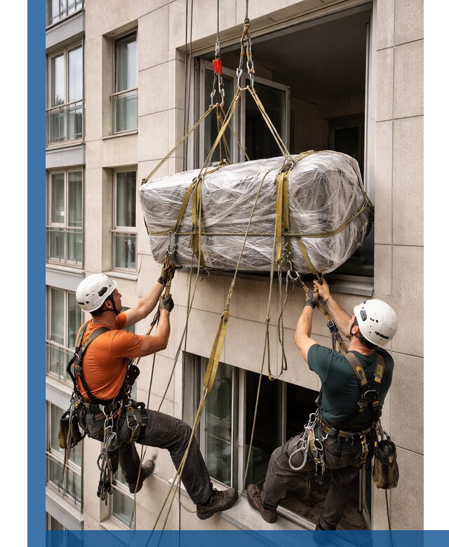 Подъем грузов через окно в Туле промышленными альпинистами