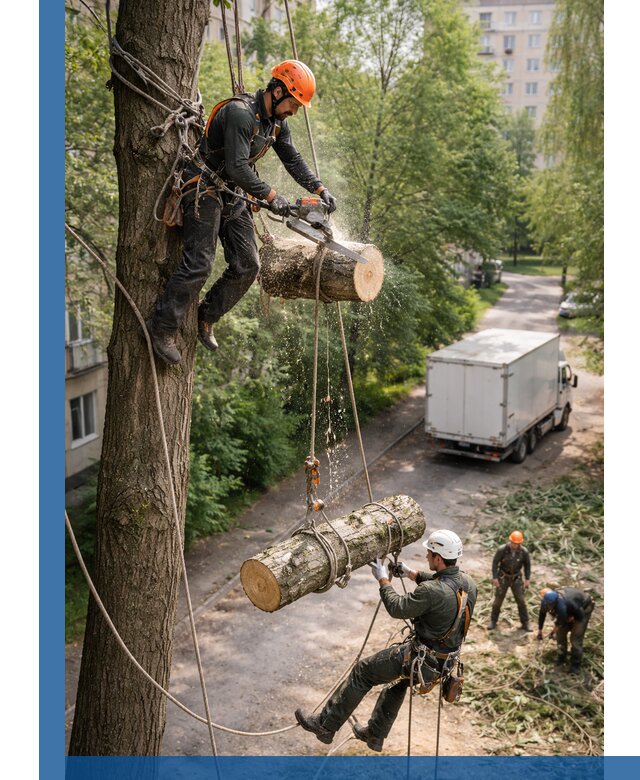 Спил деревьев альпинистами в Туле, безопасно и без повреждений