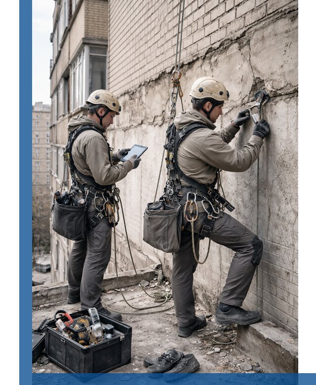 Обследование фасада промышленными альпинистами в Туле